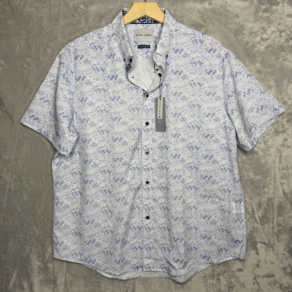 Henri James Shirt Mens XL Short White Blue Abstract Print Hyper Stretch Casual